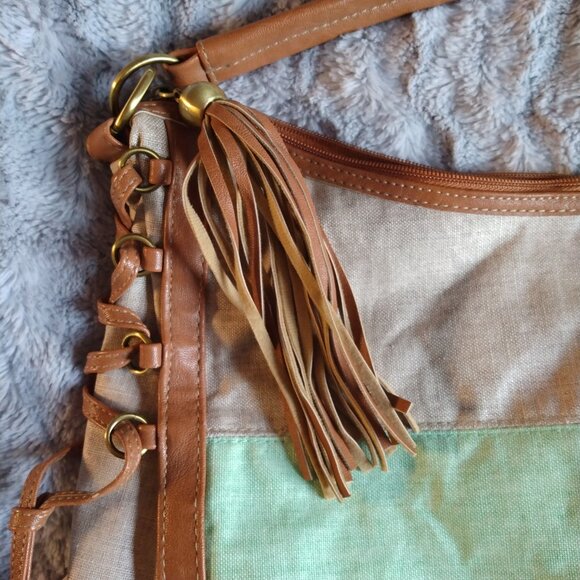 Twiggy London Shoulder Bag Cotton/Linen Vegan Leather Blue Green Beige *FLAWS* - Picture 5 of 16